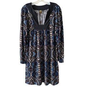 24/7 Comfort Apparel Dress Size XL Blue Black Geometric Paisley Polka Dot Tunic